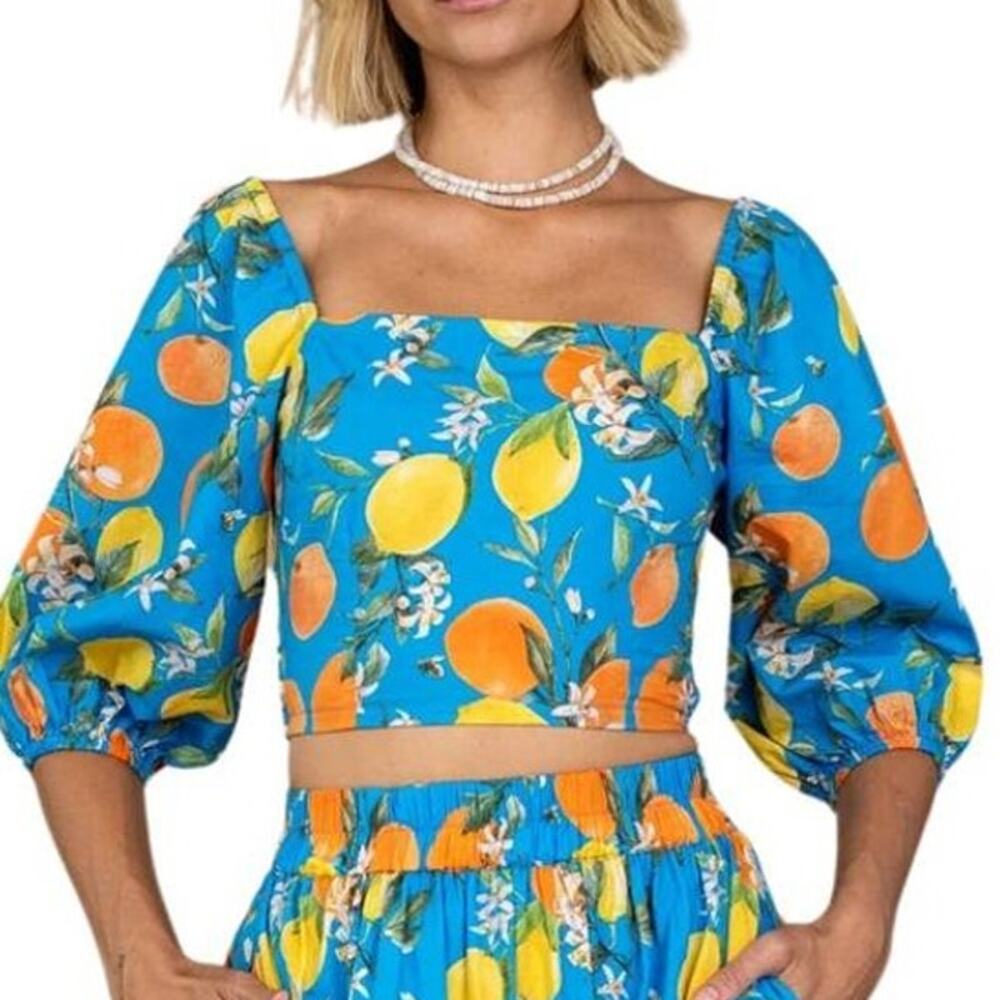 Olivia James Smocked Cropped Bunny Top Blue Citron Floral Print XS NEW Resort